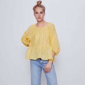 Zara Yellow Swiss Dot Puffed Sleeve Sheer Blouse Size M